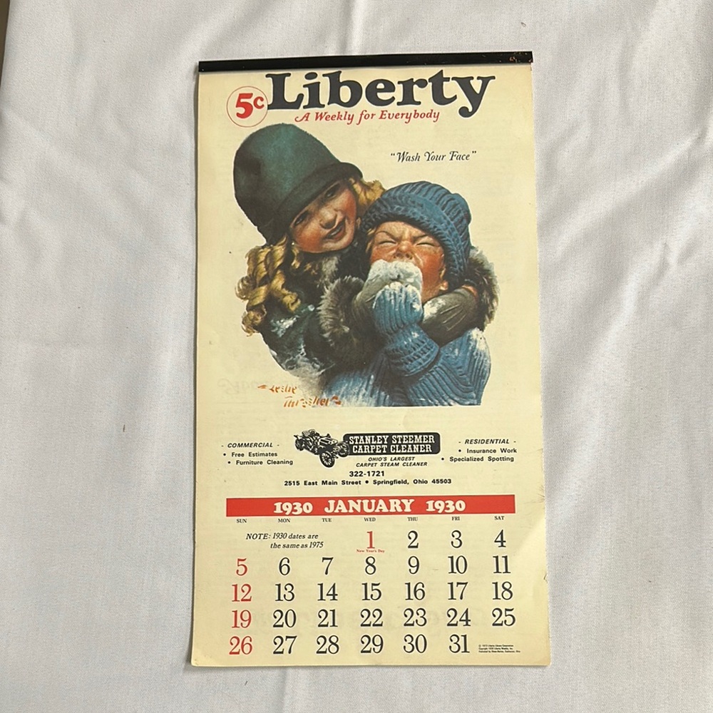 Vintage liberty 1975  Liberty calendar‎ Cover Art 1930 Stanley steamer